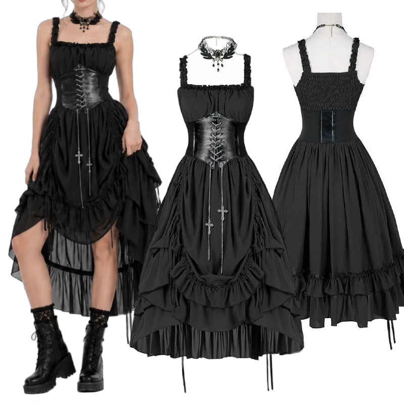 Vintage Fashion Dresses - Damska Gotycka Sukienka Gorsetowa Czarna Punk